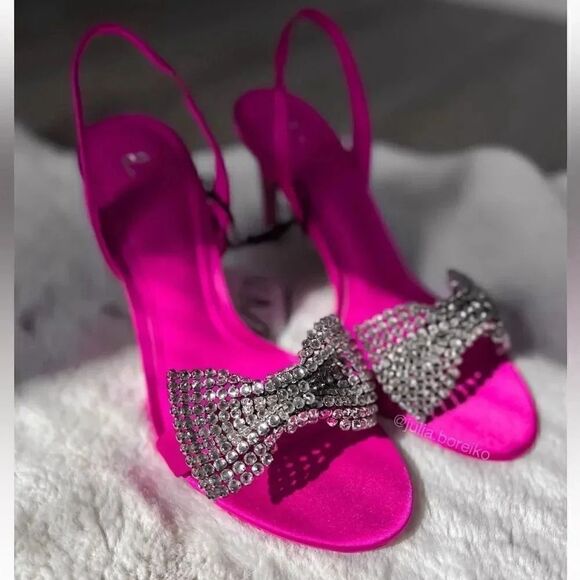 ZARA EMBELLISHED BOW HIGH HEELED SANDALS Barbiecore Barbie Core - Picture 1 of 15